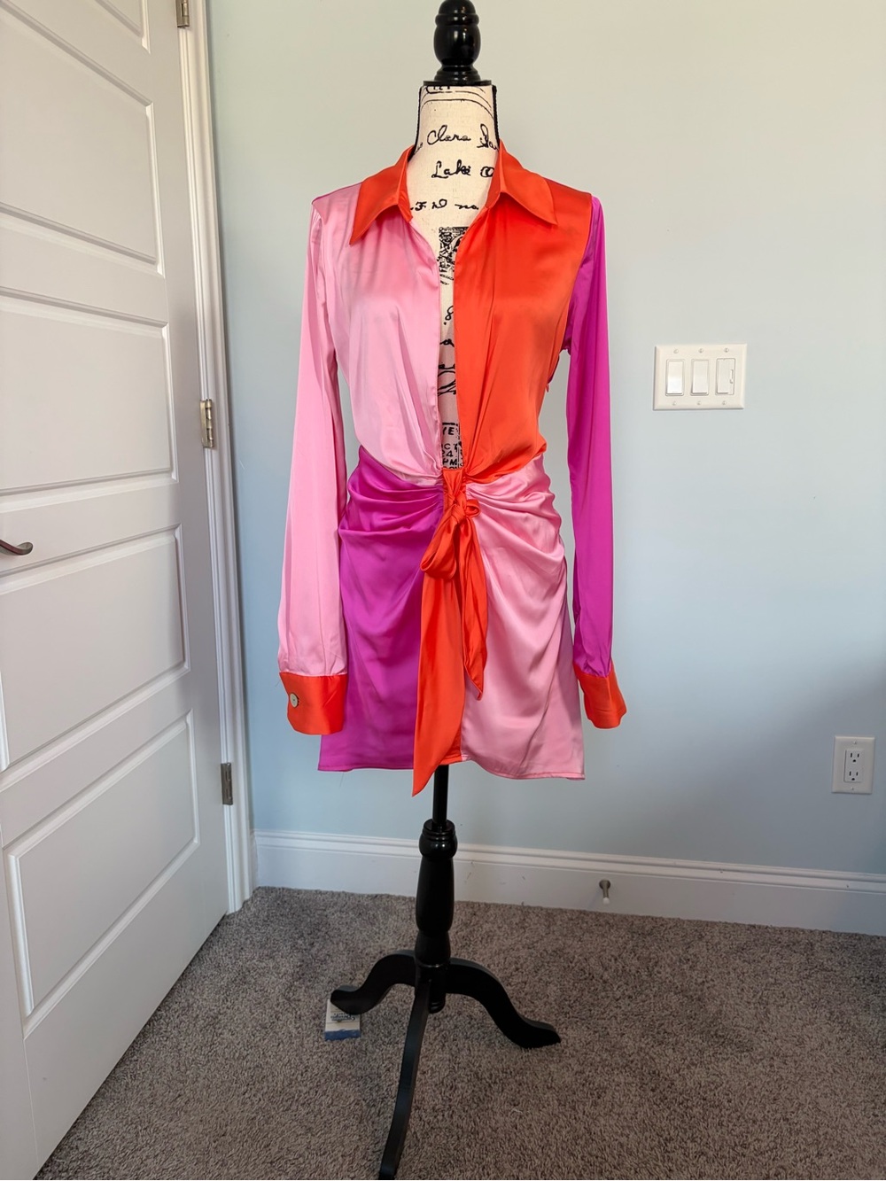 Fashion Nova Pink, Hot Pink & Orange Colorblock Tie-Front Mini Dress